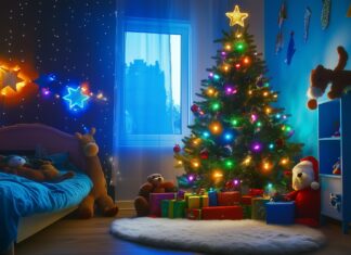 A Christmas tree in a child's bedroom, decorated with colorful lights and stuffed animals.