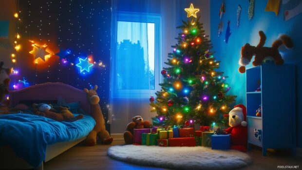 A Christmas tree in a child's bedroom, decorated with colorful lights and stuffed animals.