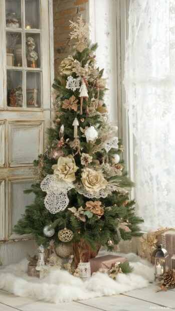 A Christmas tree phone wallpaper with a Victorian theme, adorned with lace and antique ornaments.