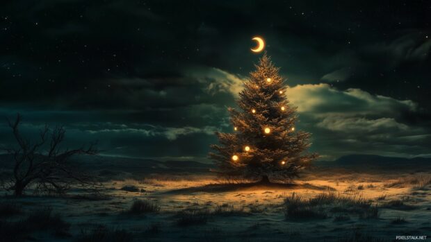 A Christmas tree with a celestial theme, adorned with stars and moon ornaments.