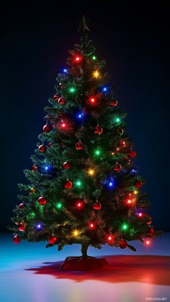 A Christmas tree with colorful fairy lights and classic red and green decorations.