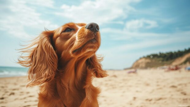 A Cocker Spaniel Dog background with long, wavy ears, enjoying a sunny day at the beach.