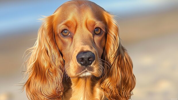 A Cocker Spaniel Dog wallpaper 4K with long, wavy ears, enjoying a sunny day at the beach.