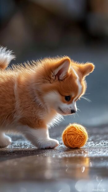 A Corgi puppy wallpaper with short legs and a wagging tail, playing with a ball of yarn.