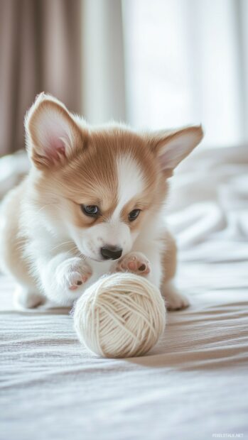 A Corgi puppy with short legs and a wagging tail, playing with a ball of yarn.