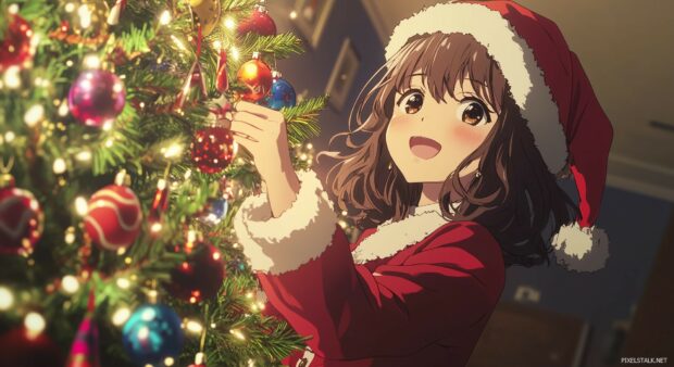 A Cute Anime girl dressed in a festive Santa outfit, joyfully decorating a Christmas tree with colorful ornaments and twinkling lights in a cozy room.