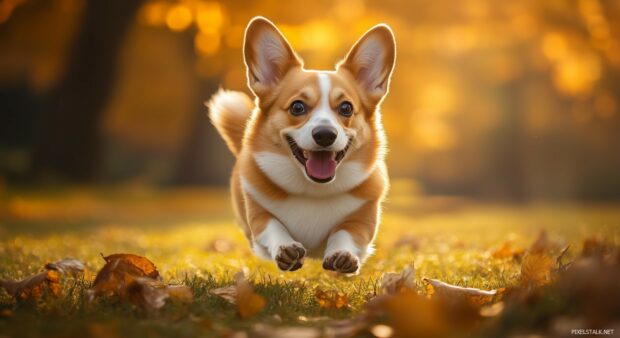 A Cute Dog Corgi with a joyful expression, running towards the camera with its short legs.