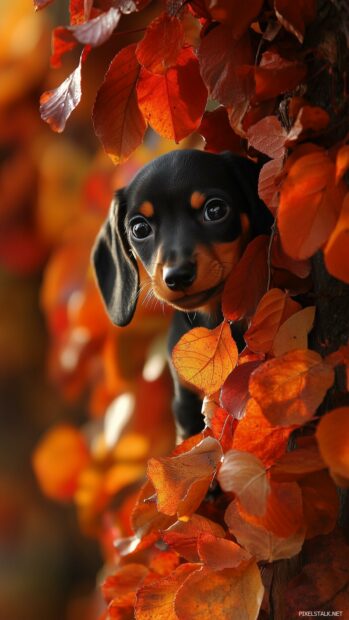 A Dachshund dog with a wagging tail, peeking out from behind a stack of colorful leaves.