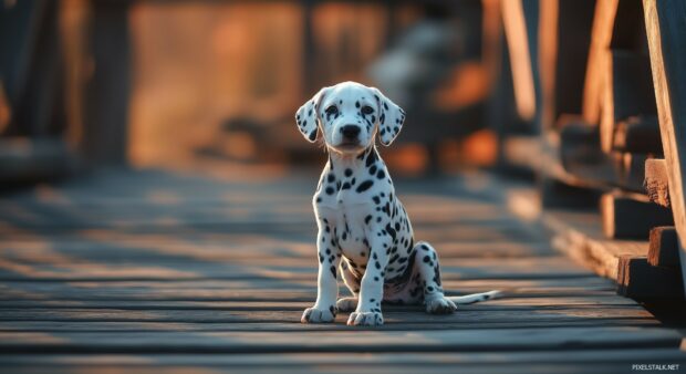 A Dalmatian puppy with bright eyes and spots, sitting on a wooden deck.