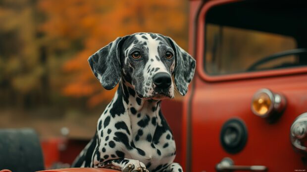 A Dalmatian sitting on a vintage fire truck, with its iconic spots sharply contrasting the red.