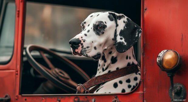 A Dalmatian sitting on a vintage fire truck, with its iconic spots sharply contrasting the red, Dog Wallpaper HD.