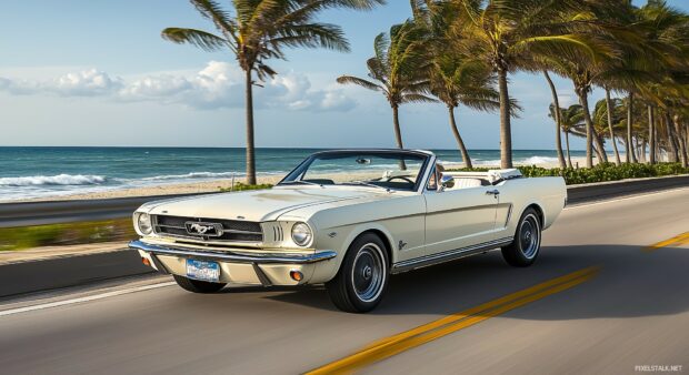 A Ford Mustang Convertible in classic white, driving along a coastal road with the ocean and palm trees in the background.