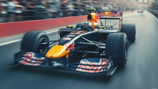 A Formula 1 race car speeding through the final lap of a Grand Prix.