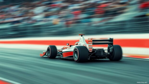 A Formula 1 race car speeding through the final lap of a Grand Prix, Race car wallpaper HD for desktop.