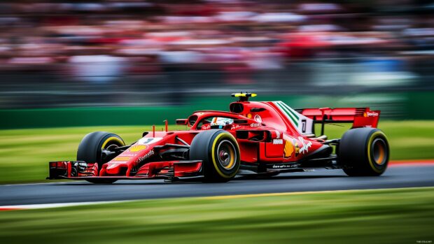 A Formula 1 race car speeding through the final lap of a Grand Prix, with the crowd blurred in the background, Cars Wallpaper 4K with.