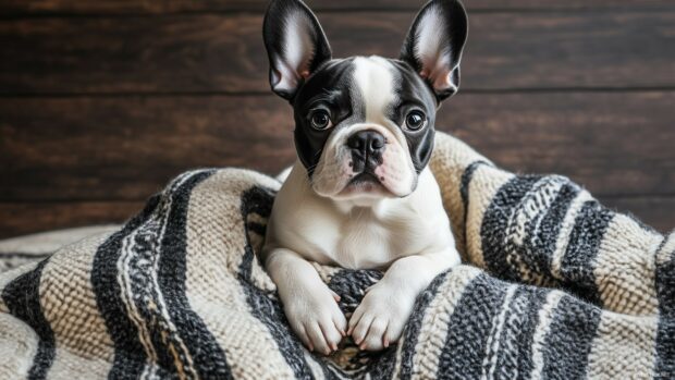 A French Bulldog puppy with large ears and a cute expression, sitting on a cozy blanket.