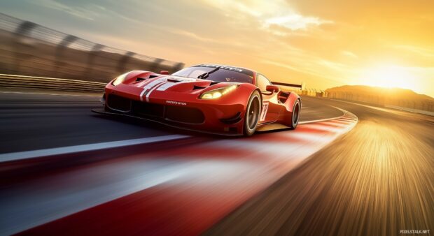 A GT3 race car zooming down a straightaway at sunrise, with the golden light reflecting off its aerodynamic body.