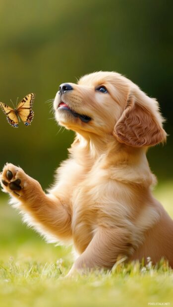 A Golden Retriever dog with oversized paws, chasing a butterfly in a sunny garden.