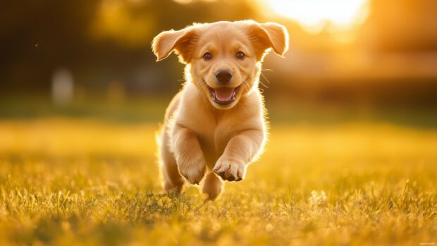 A Golden Retriever puppy running through a meadow with the sun setting in the background.