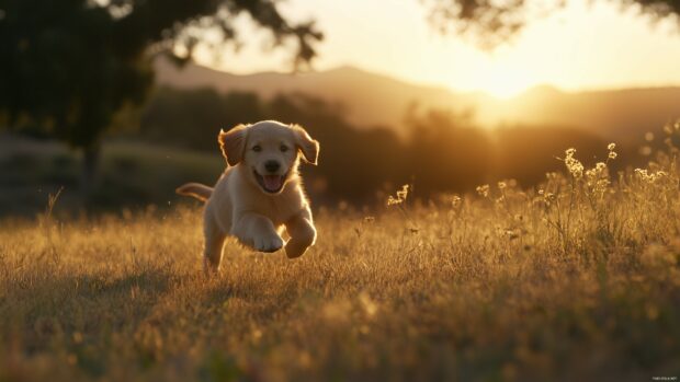 A Golden Retriever puppy running through a meadow with the sun setting in the background.