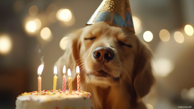 A Golden Retriever puppy with a birthday hat, trying to blow out candles on a cake, Funny Dog wallpaper.