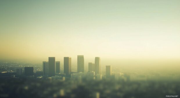 A HD cityscape desktop background with a few prominent skyscrapers and a soft gradient sky.