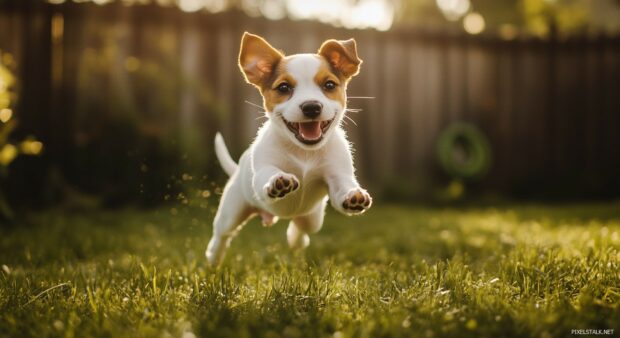 A Jack Russell Terrier puppy jumping high with excitement in a sunlit backyard.