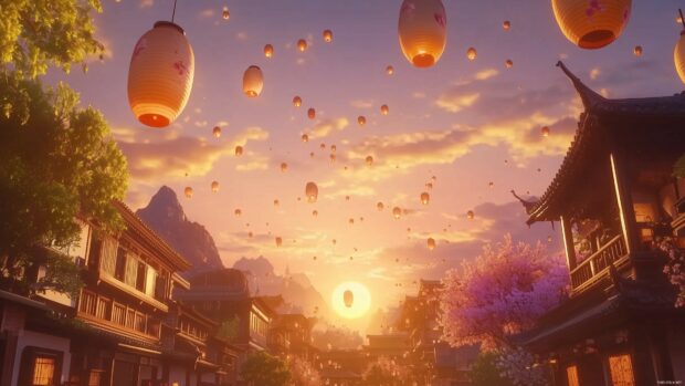 A Japanese street during sunset, with paper lanterns hanging in the breeze and the warm glow of the setting sun in the sky, aesthetic style.