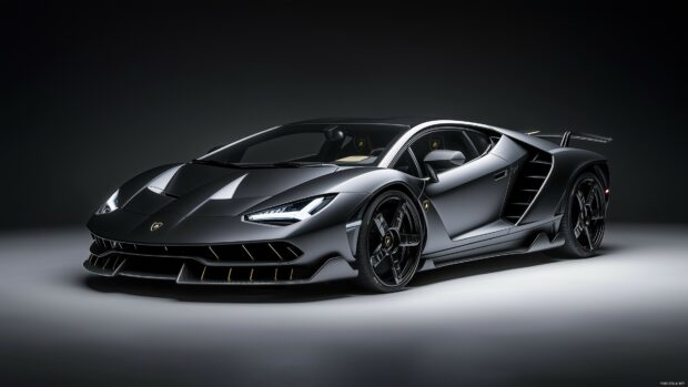 A Lamborghini Centenario in matte gray, showcased in a high end studio with dramatic spotlighting emphasizing its sharp lines.