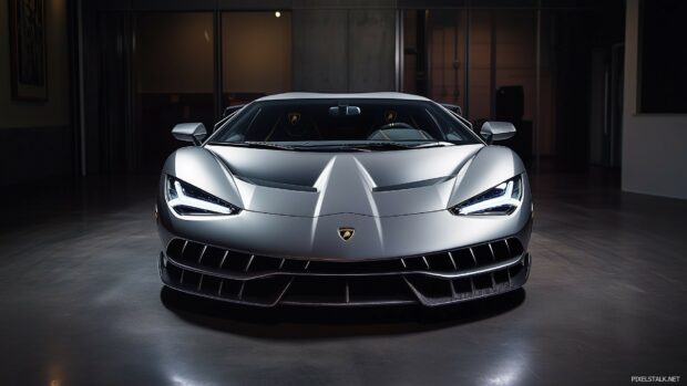 A Lamborghini Centenario in matte gray, showcased in a high end studio with dramatic spotlighting emphasizing its sharp lines.