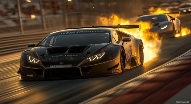 A Lamborghini Huracán GT3 in the middle of a tense race, with flames shooting out of the exhaust.