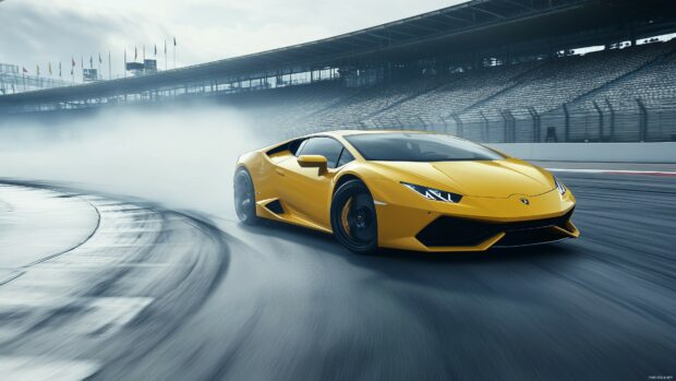 A Lamborghini Huracán race car in a controlled drift on a luxury race circuit.