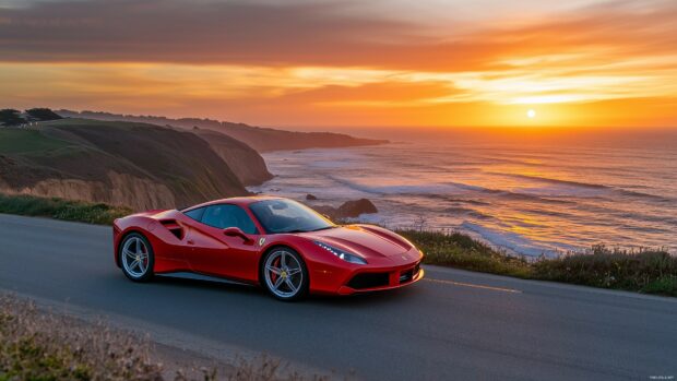 A Live Ferrari sports car speeding along a coastal road at sunset, with the ocean waves crashing beside it.