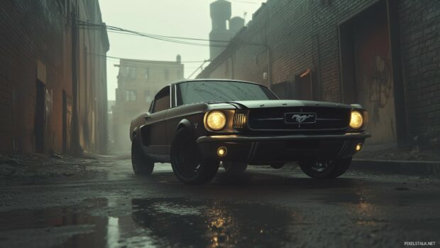 A Live Ford Mustang Fastback in matte black, captured from a low angle in a deserted industrial area with moody lighting.