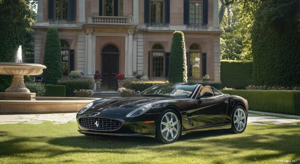 A Live sports car parked in front of an elegant mansion, with manicured lawns and fountains,.