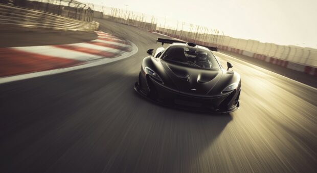 A McLaren P1 in a high speed chase, captured from a low angle with motion blur, emphasizing its sleek lines and power.