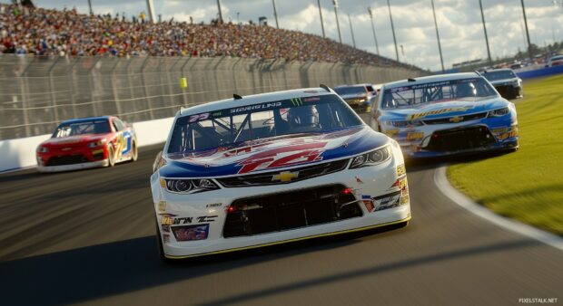 A NASCAR stock car in mid race, surrounded by other cars on a high speed oval track, with the roaring crowd in the background.