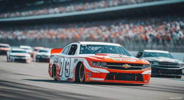 A NASCAR stock car in mid race, surrounded by other cars on a high speed oval track, with the roaring crowd in the background.