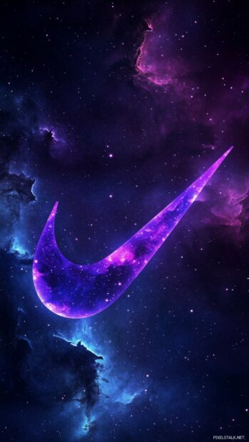 A Nike logo floating amidst a cosmic galaxy scene.