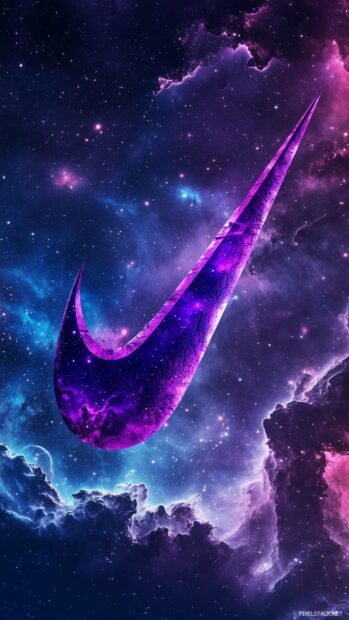 A Nike logo floating amidst a cosmic galaxy scene, iPhone wallpaper.