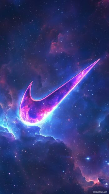 A Nike logo floating amidst a cosmic galaxy scene, with vibrant nebulae and stars in a blend of purples and blues.