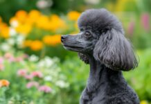 A Poodle Dog Wallpaper HD with a stylish haircut, posing in front of a vibrant garden.