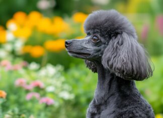 A Poodle Dog Wallpaper HD with a stylish haircut, posing in front of a vibrant garden.