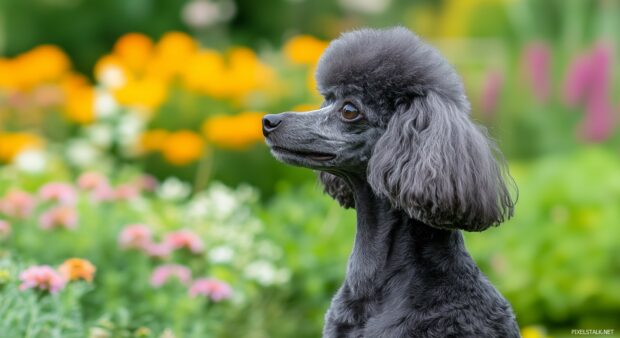 A Poodle Dog Wallpaper HD with a stylish haircut, posing in front of a vibrant garden.