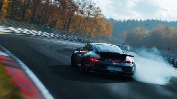 A Porsche 911 Carrera drifting on a sharp curve of a racetrack.