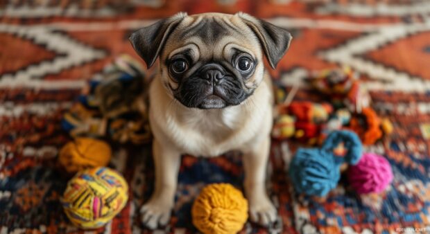 A Pug puppy with a wrinkled face, sitting on a colorful rug with toys around.