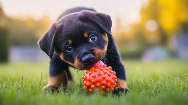 A Rottweiler Dog wallpaper 4K with a strong build, playing with a chew toy on a grassy lawn.