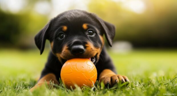 A Rottweiler puppy with a strong build, playing with a chew toy on a grassy lawn.