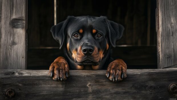 A Rottweiler with a focused gaze, sitting by a rustic wooden fence.