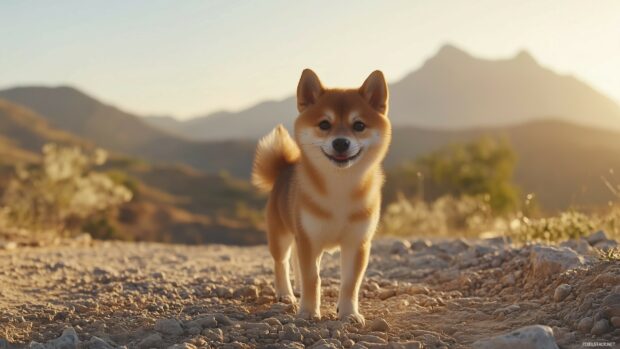 A Shiba Inu puppy with a fluffy tail, standing on a rocky path with mountains in the background.